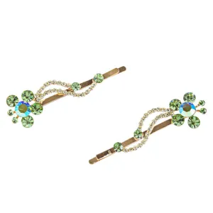 Austrian Crystal Rhinestone Fashion Jewerly Floral Hair Clips Pair Gold Green