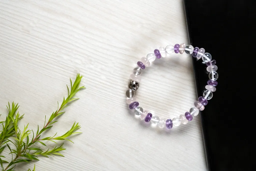 Bamboology Trends Amethyst, rose quartz and clear quartz bracelet for strength, love and fulfilling relationship