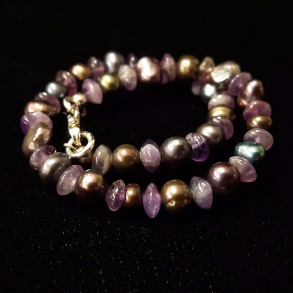 Black Pearl & Amethyst Silver Bracelet