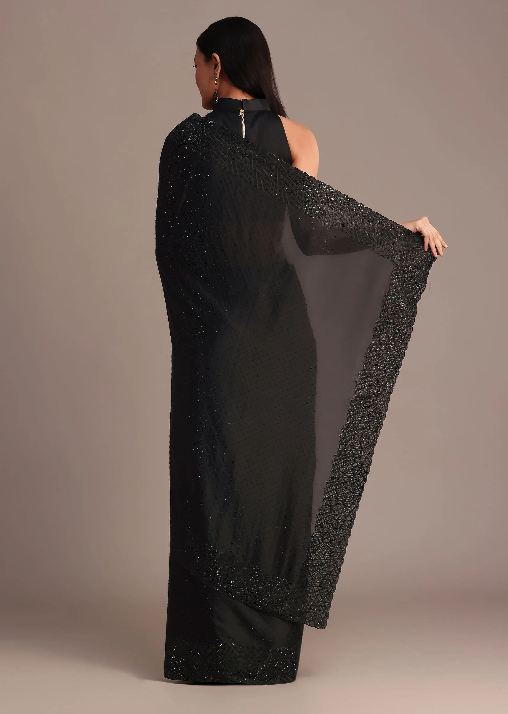 Black Satin Stone And Diamond Embroidered Saree