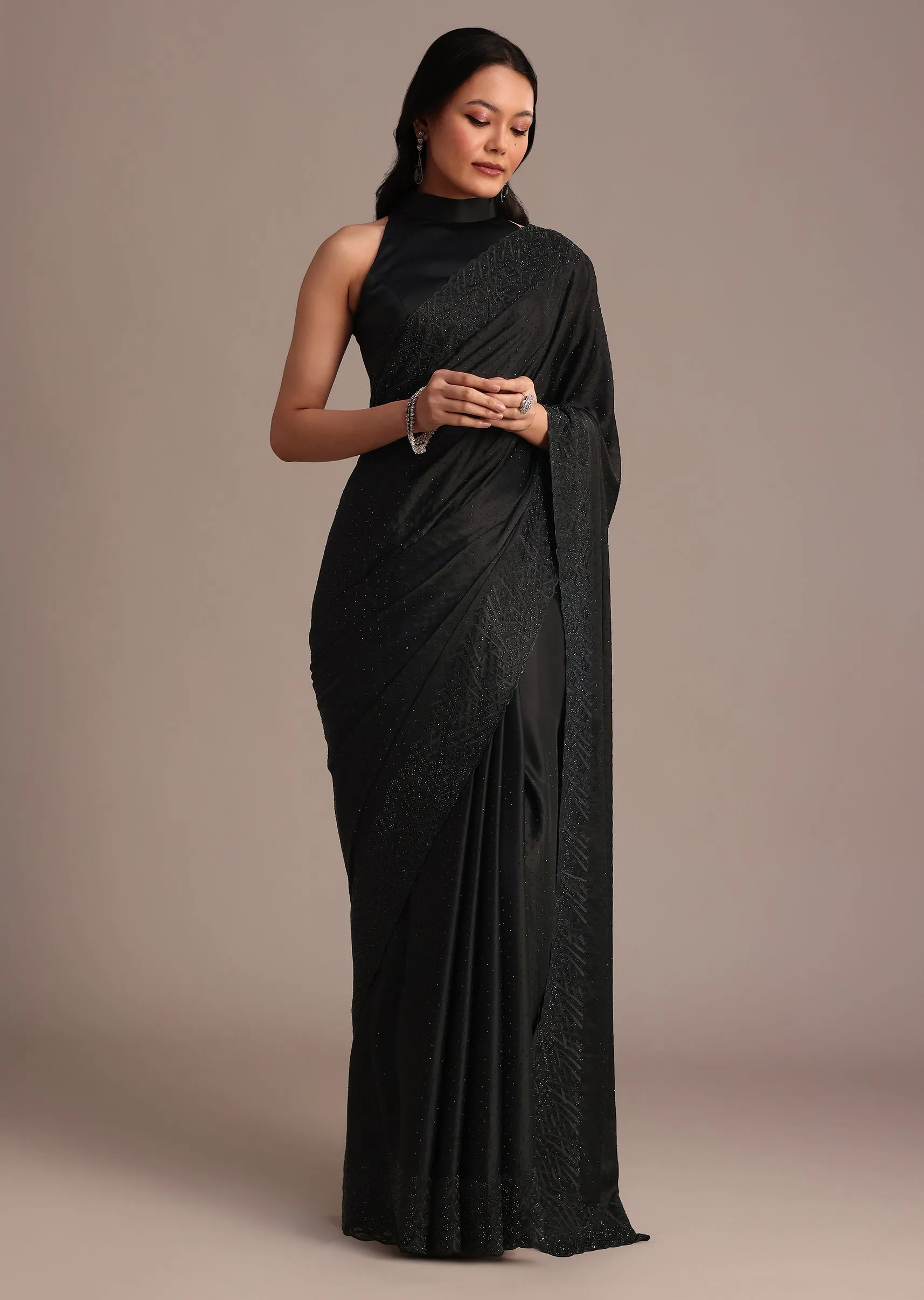 Black Satin Stone And Diamond Embroidered Saree