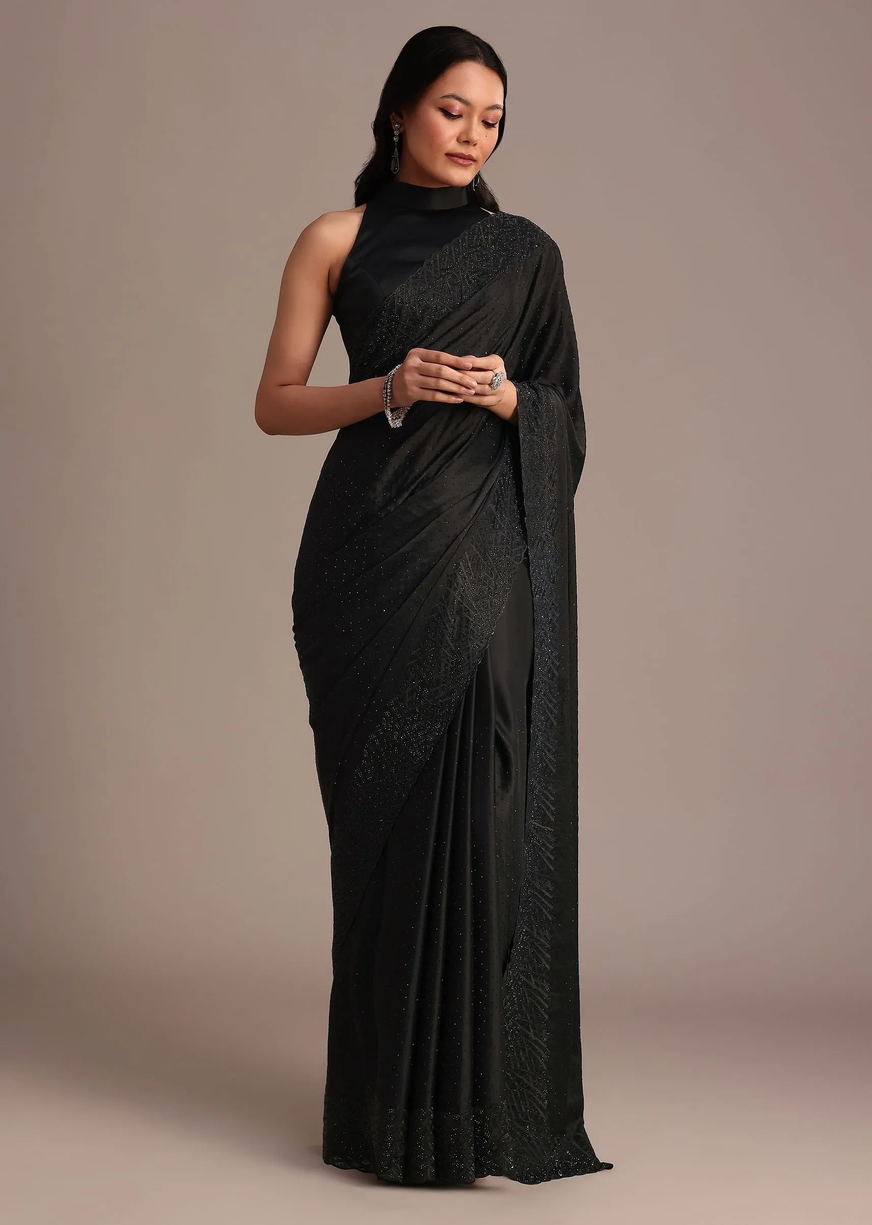 Black Satin Stone And Diamond Embroidered Saree
