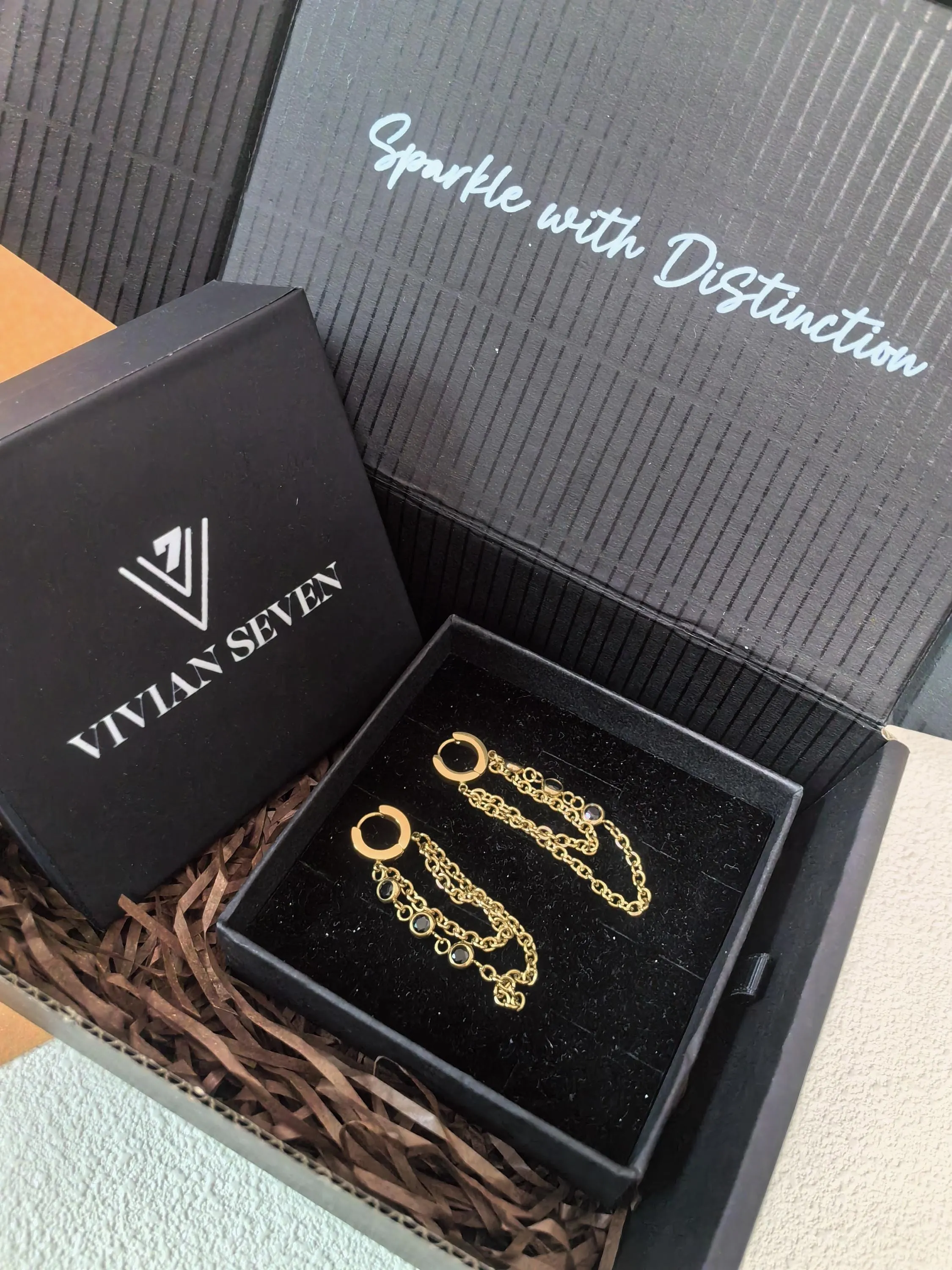 Black Zircon 18K Gold Plate Huggie Hoop Link Drop Dangle Linear Earrings
