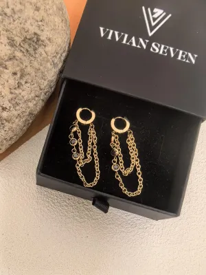 Black Zircon 18K Gold Plate Huggie Hoop Link Drop Dangle Linear Earrings