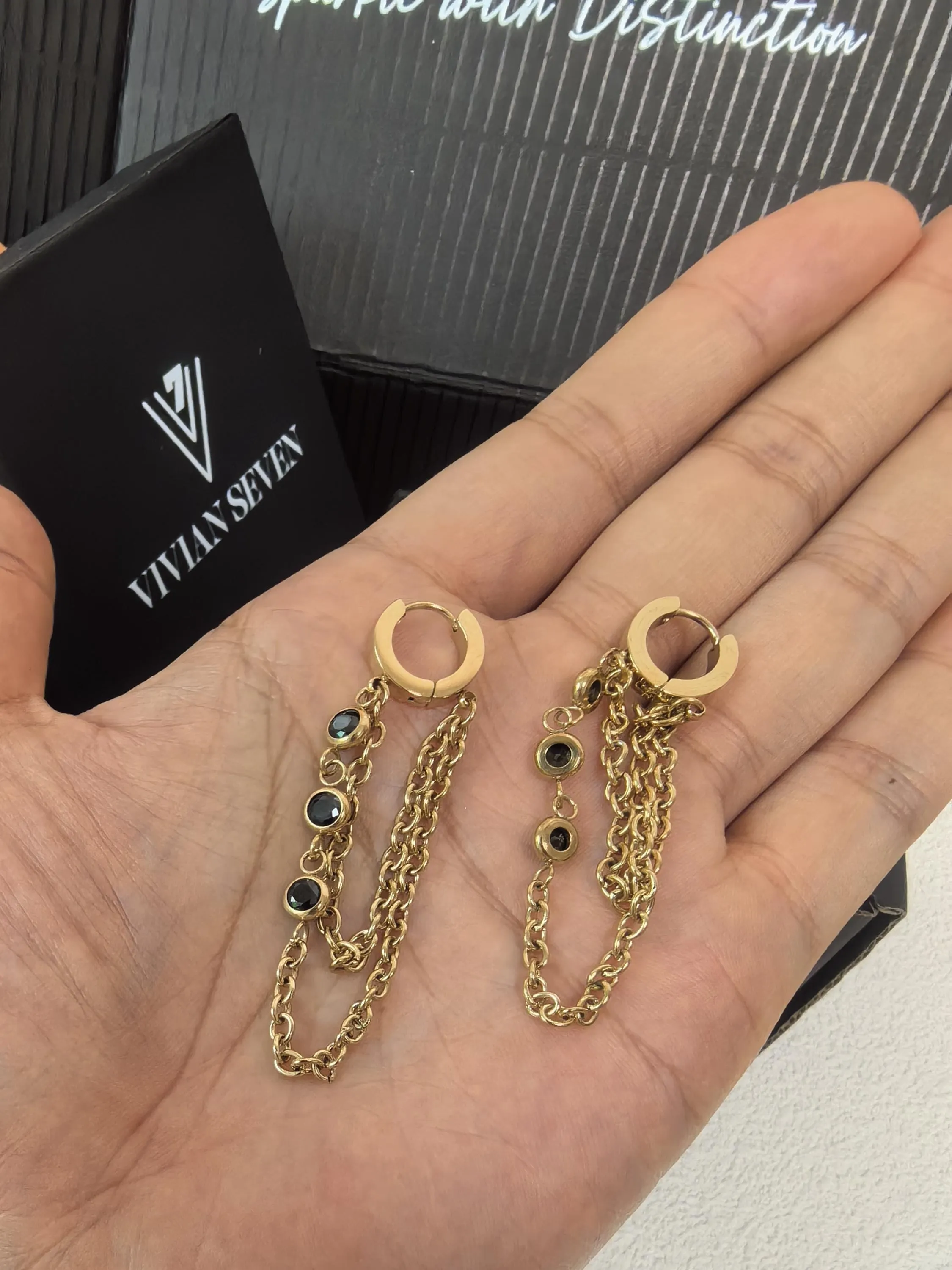 Black Zircon 18K Gold Plate Huggie Hoop Link Drop Dangle Linear Earrings