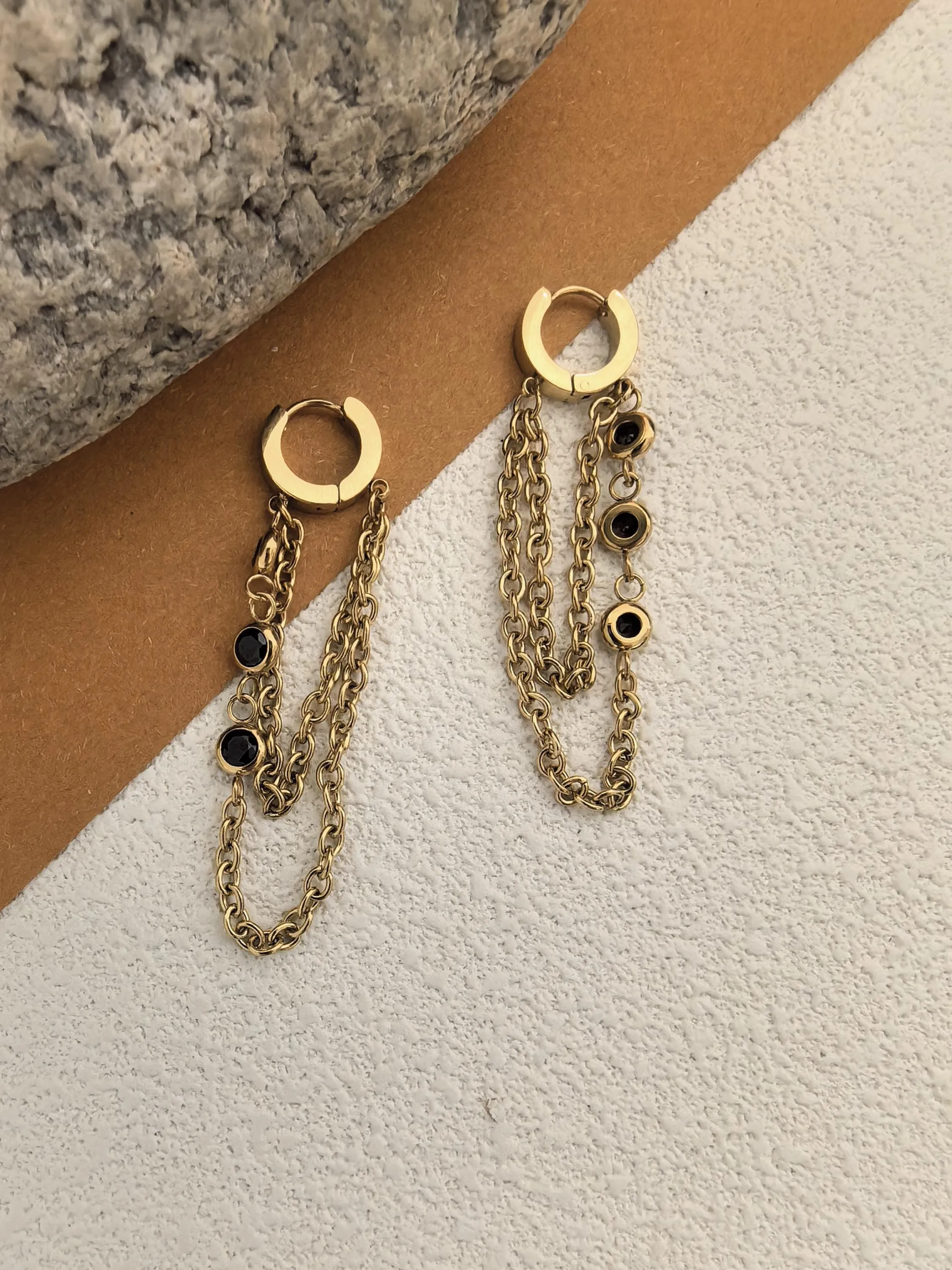 Black Zircon 18K Gold Plate Huggie Hoop Link Drop Dangle Linear Earrings