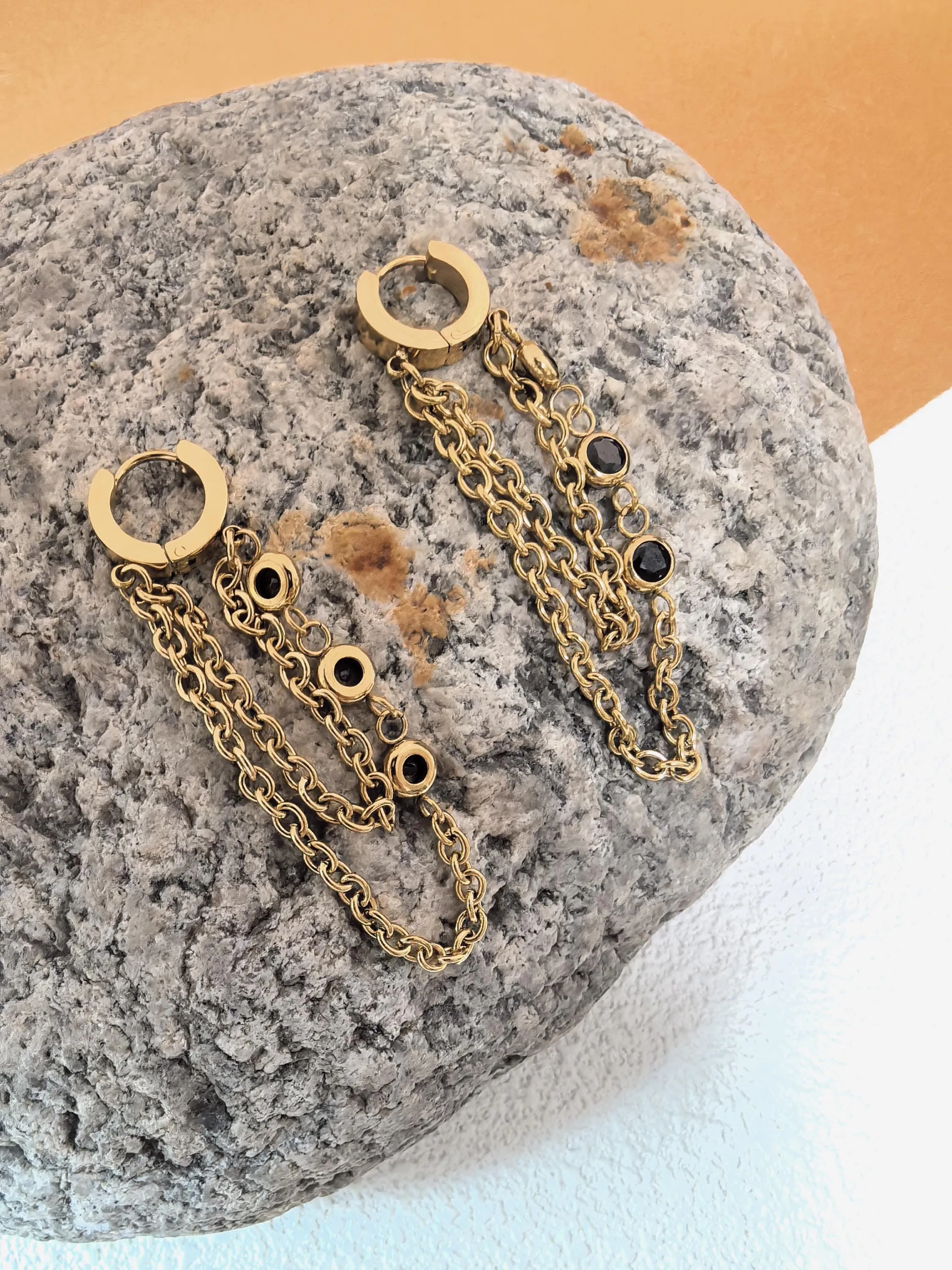 Black Zircon 18K Gold Plate Huggie Hoop Link Drop Dangle Linear Earrings