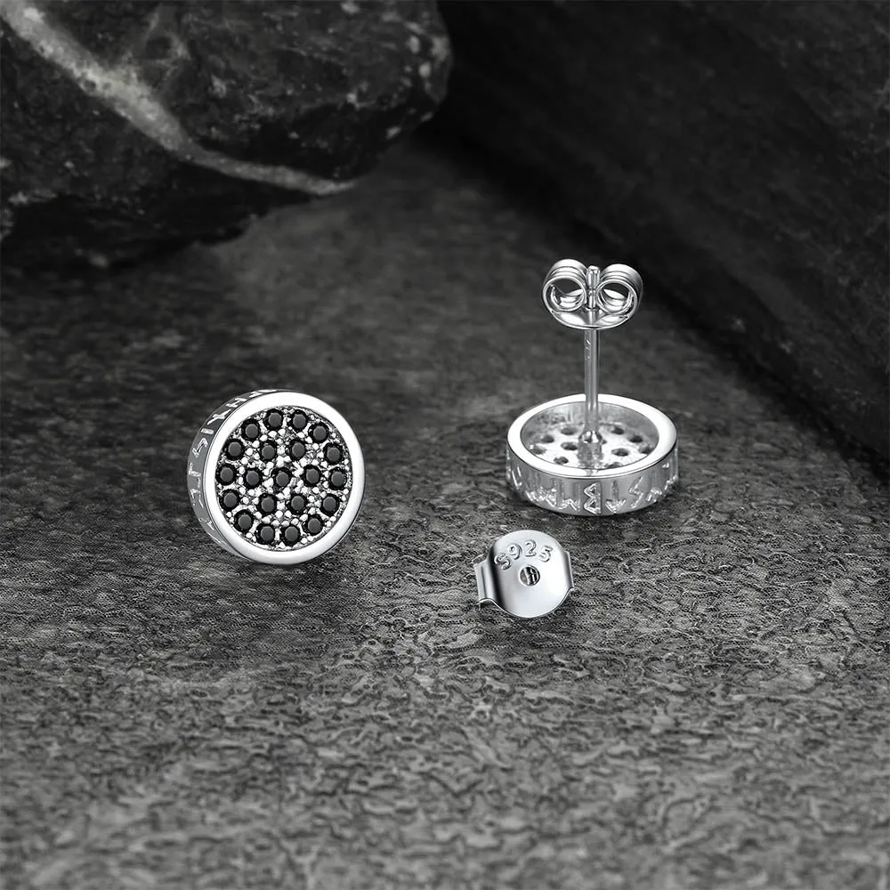 Black Zircon Onyx Stud Earrings with Runes 10mm