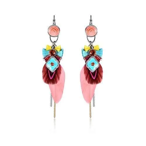 Bohemian Retro 14K Gold Plated Earrings Luxury Platinum Tassel Pendant Feather Ear Drop for Women