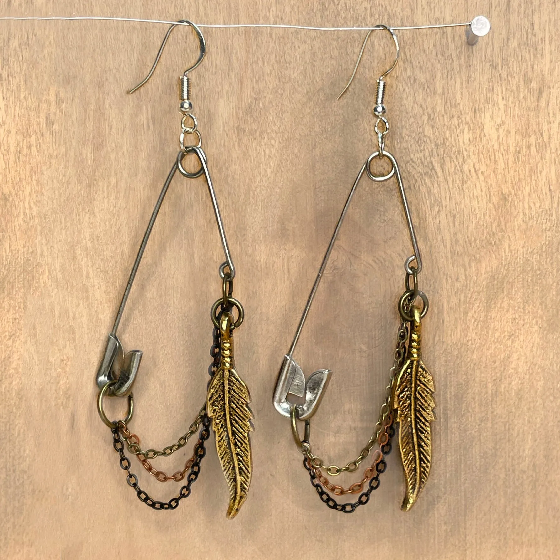 Chained up Safety Pin Earrings, handmade, feather or chain