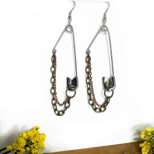 Chained up Safety Pin Earrings, handmade, feather or chain