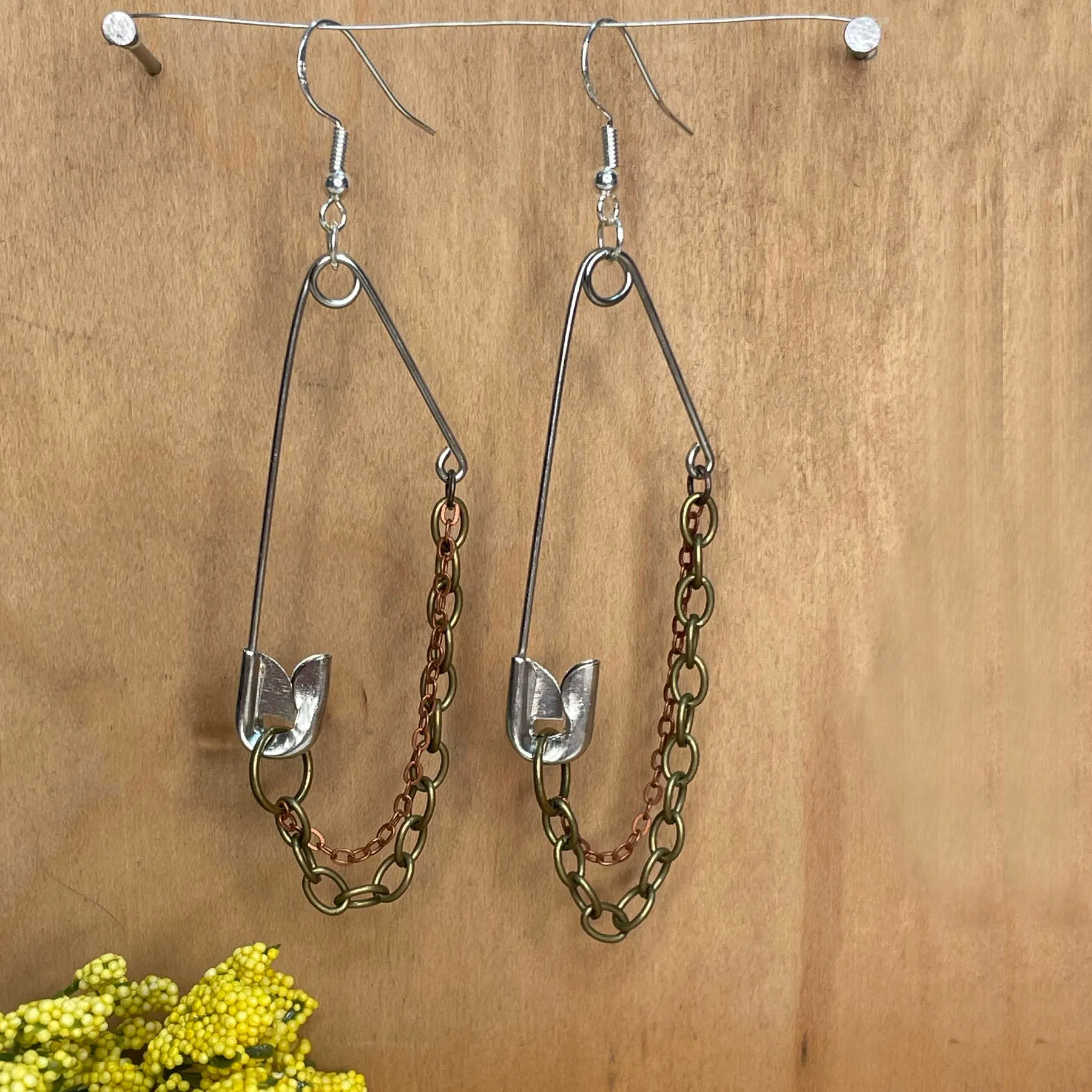 Chained up Safety Pin Earrings, handmade, feather or chain