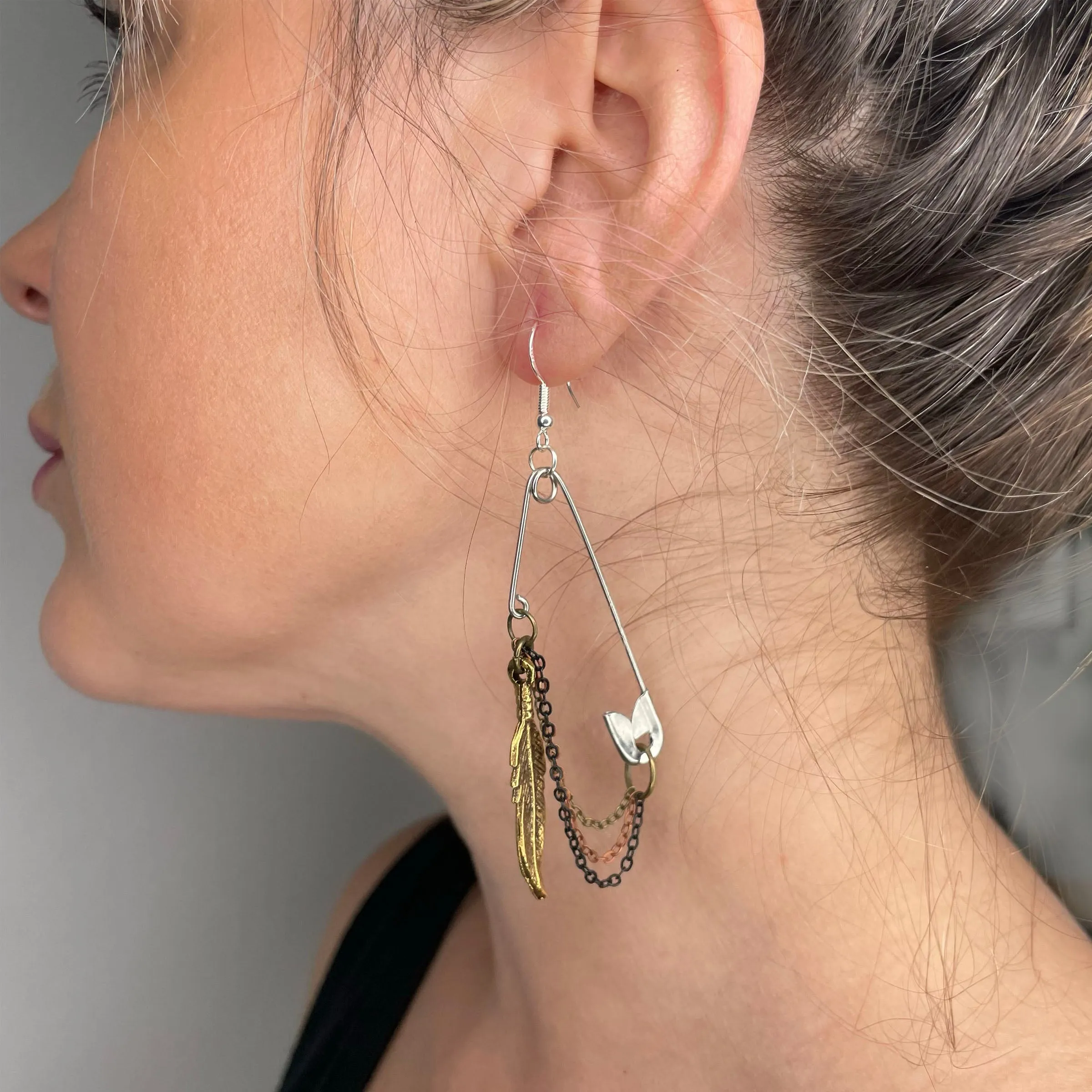 Chained up Safety Pin Earrings, handmade, feather or chain