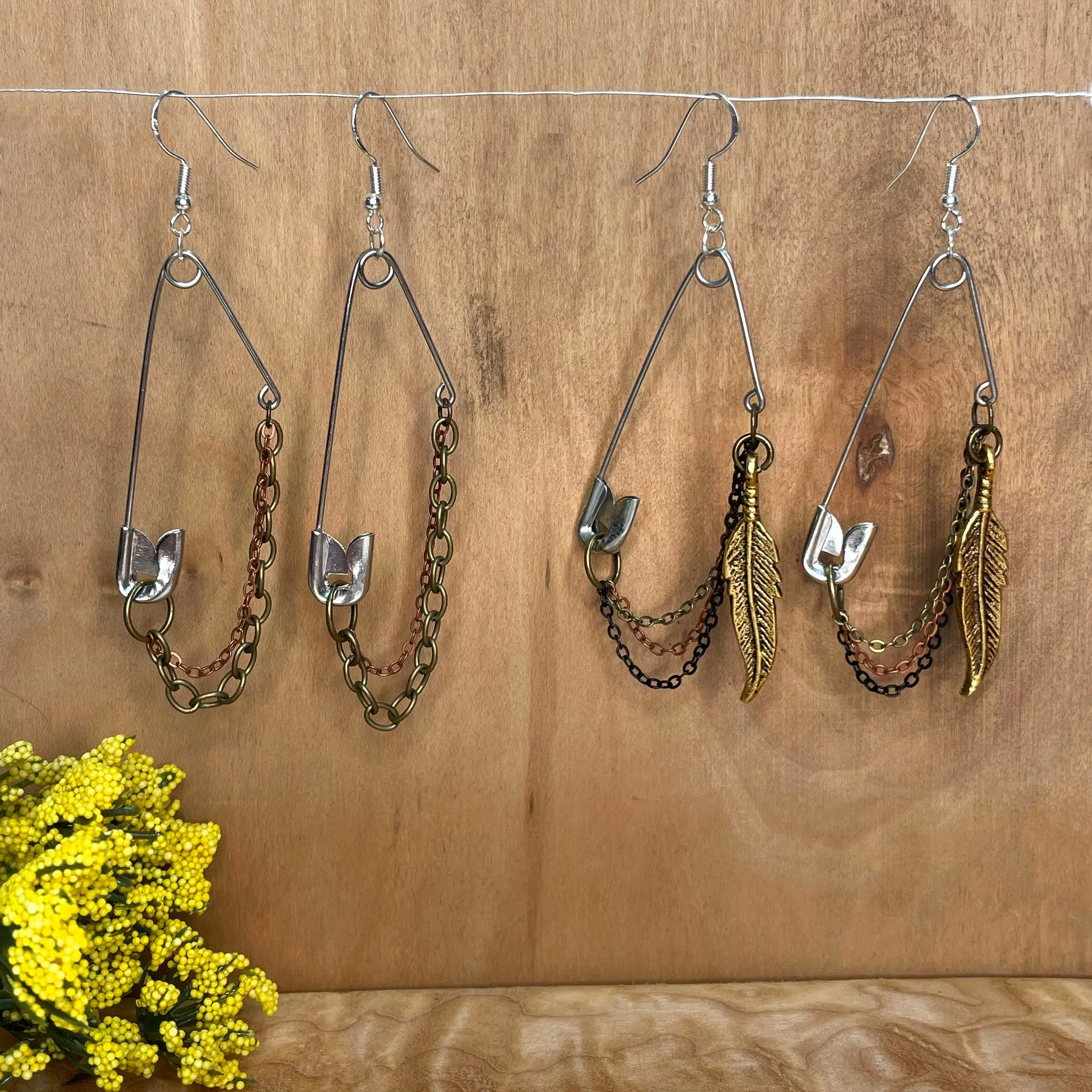 Chained up Safety Pin Earrings, handmade, feather or chain