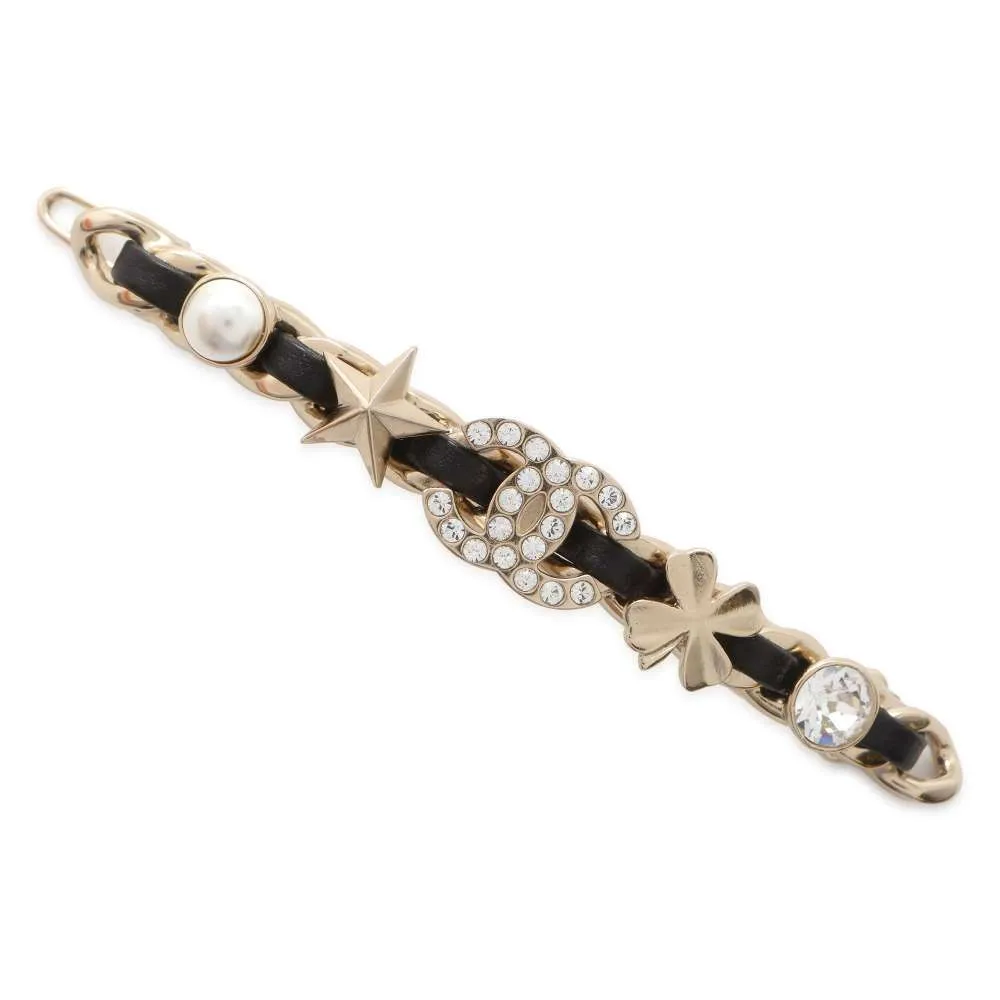 CHANEL CC Logo/Clover/Star Barrette Hairpin Rhinestone Faux Pearl  Gold Plated