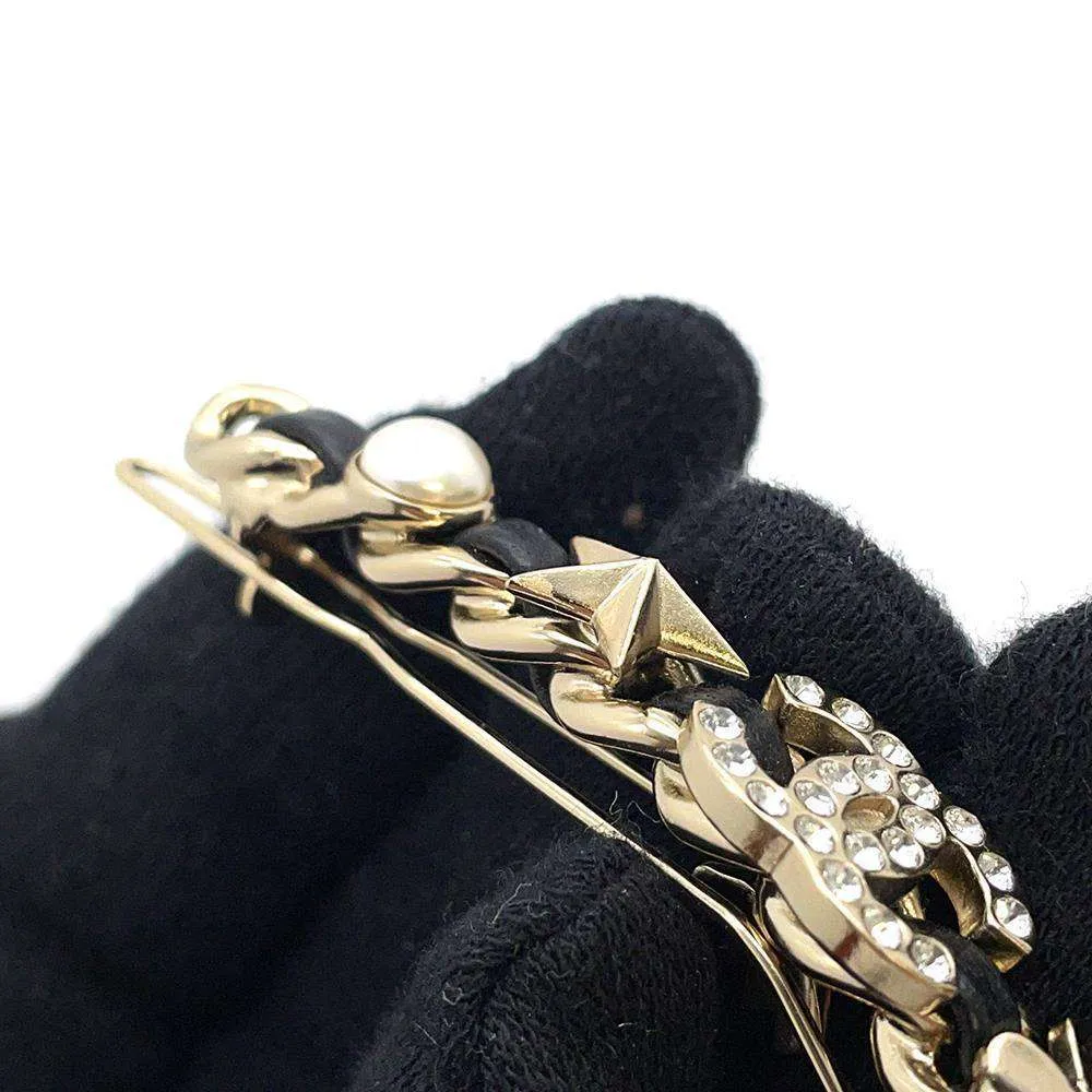 CHANEL CC Logo/Clover/Star Barrette Hairpin Rhinestone Faux Pearl  Gold Plated