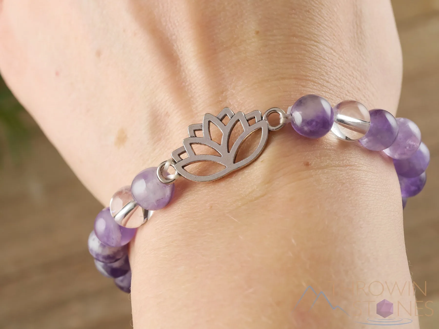 CHEVRON AMETHYST Crystal Bracelet - Lotus Flower, Clear QUARTZ, Round Beads - Charm Bracelet, Beaded Bracelet, Handmade Jewelry, E1437