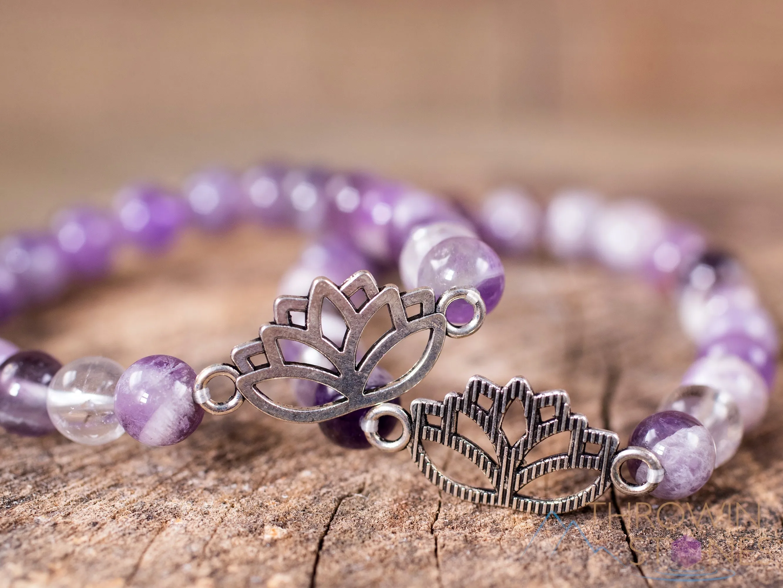 CHEVRON AMETHYST Crystal Bracelet - Lotus Flower, Clear QUARTZ, Round Beads - Charm Bracelet, Beaded Bracelet, Handmade Jewelry, E1437