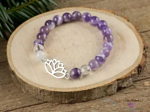 CHEVRON AMETHYST Crystal Bracelet - Lotus Flower, Clear QUARTZ, Round Beads - Charm Bracelet, Beaded Bracelet, Handmade Jewelry, E1437