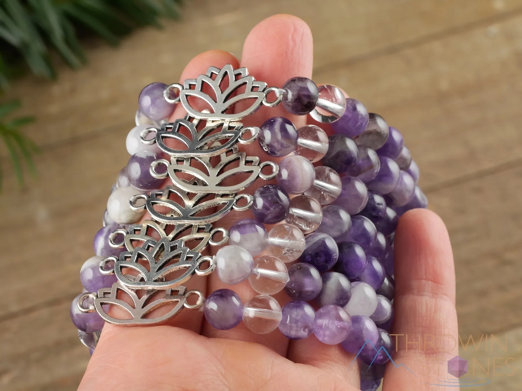 CHEVRON AMETHYST Crystal Bracelet - Lotus Flower, Clear QUARTZ, Round Beads - Charm Bracelet, Beaded Bracelet, Handmade Jewelry, E1437