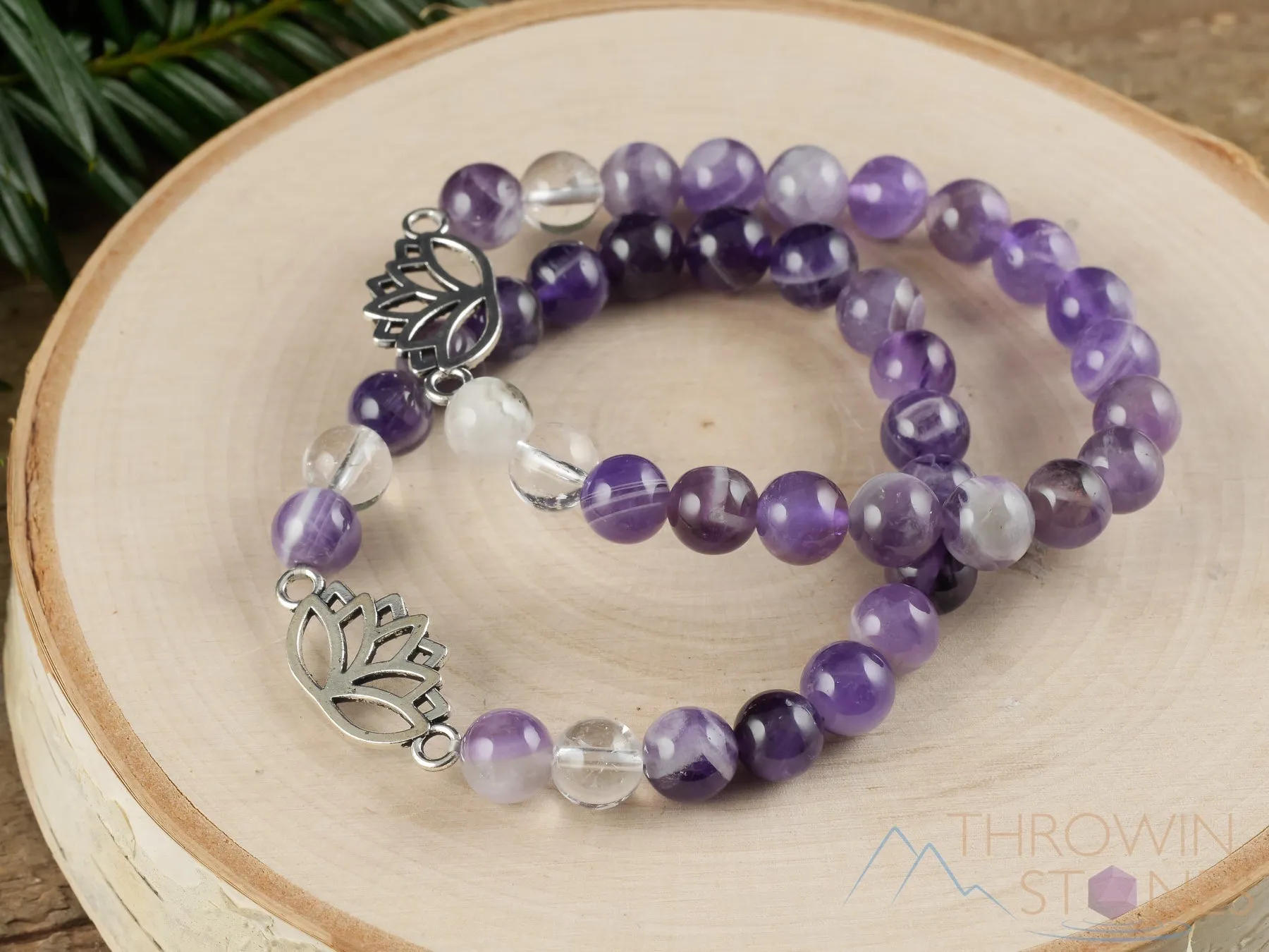CHEVRON AMETHYST Crystal Bracelet - Lotus Flower, Clear QUARTZ, Round Beads - Charm Bracelet, Beaded Bracelet, Handmade Jewelry, E1437