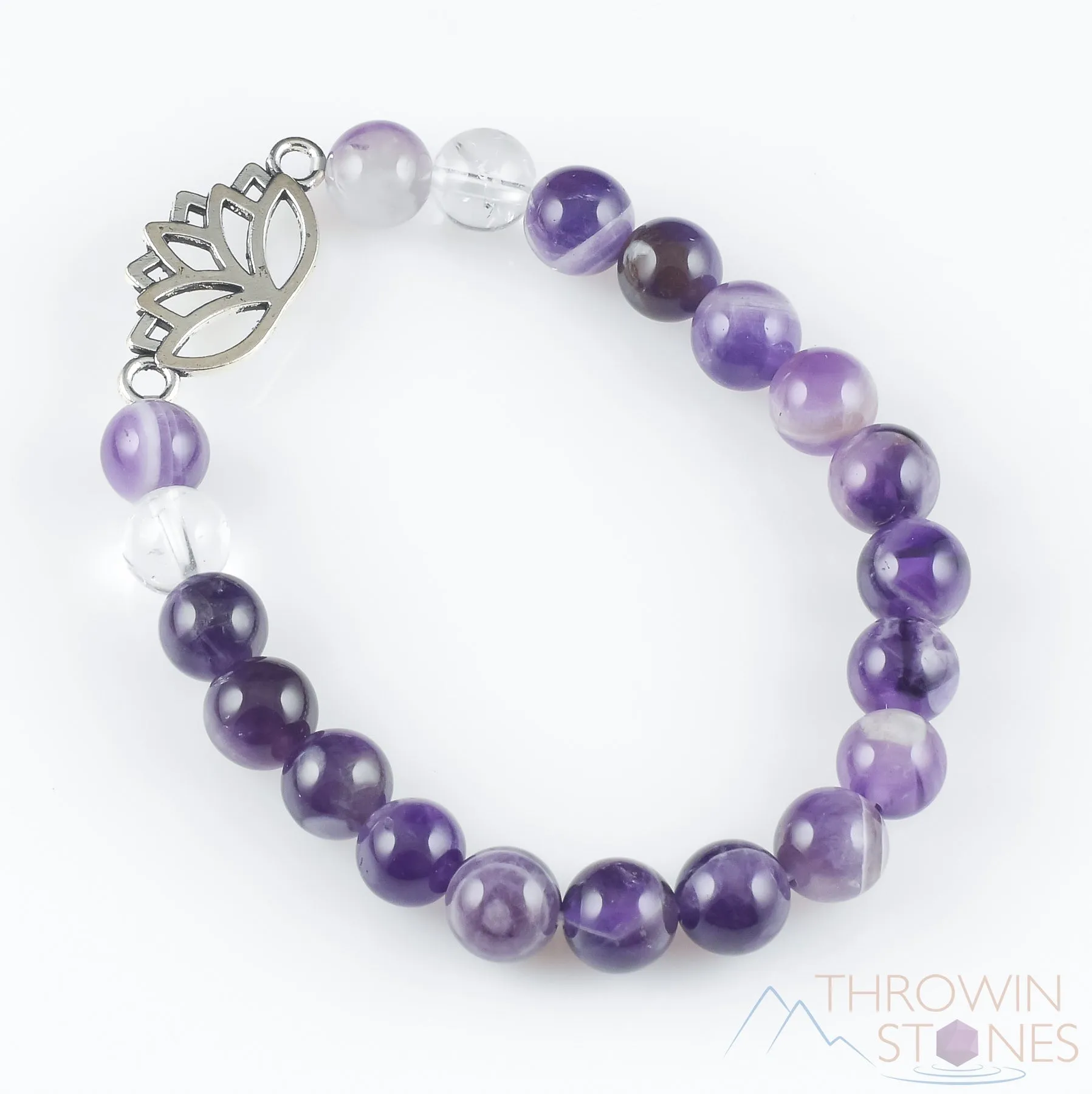 CHEVRON AMETHYST Crystal Bracelet - Lotus Flower, Clear QUARTZ, Round Beads - Charm Bracelet, Beaded Bracelet, Handmade Jewelry, E1437