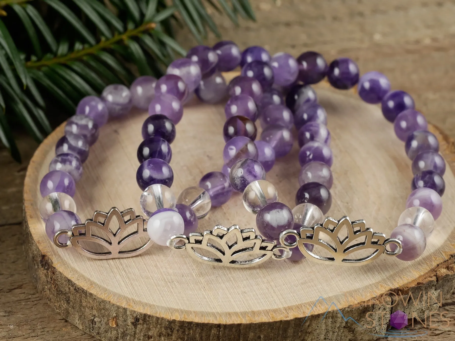 CHEVRON AMETHYST Crystal Bracelet - Lotus Flower, Clear QUARTZ, Round Beads - Charm Bracelet, Beaded Bracelet, Handmade Jewelry, E1437