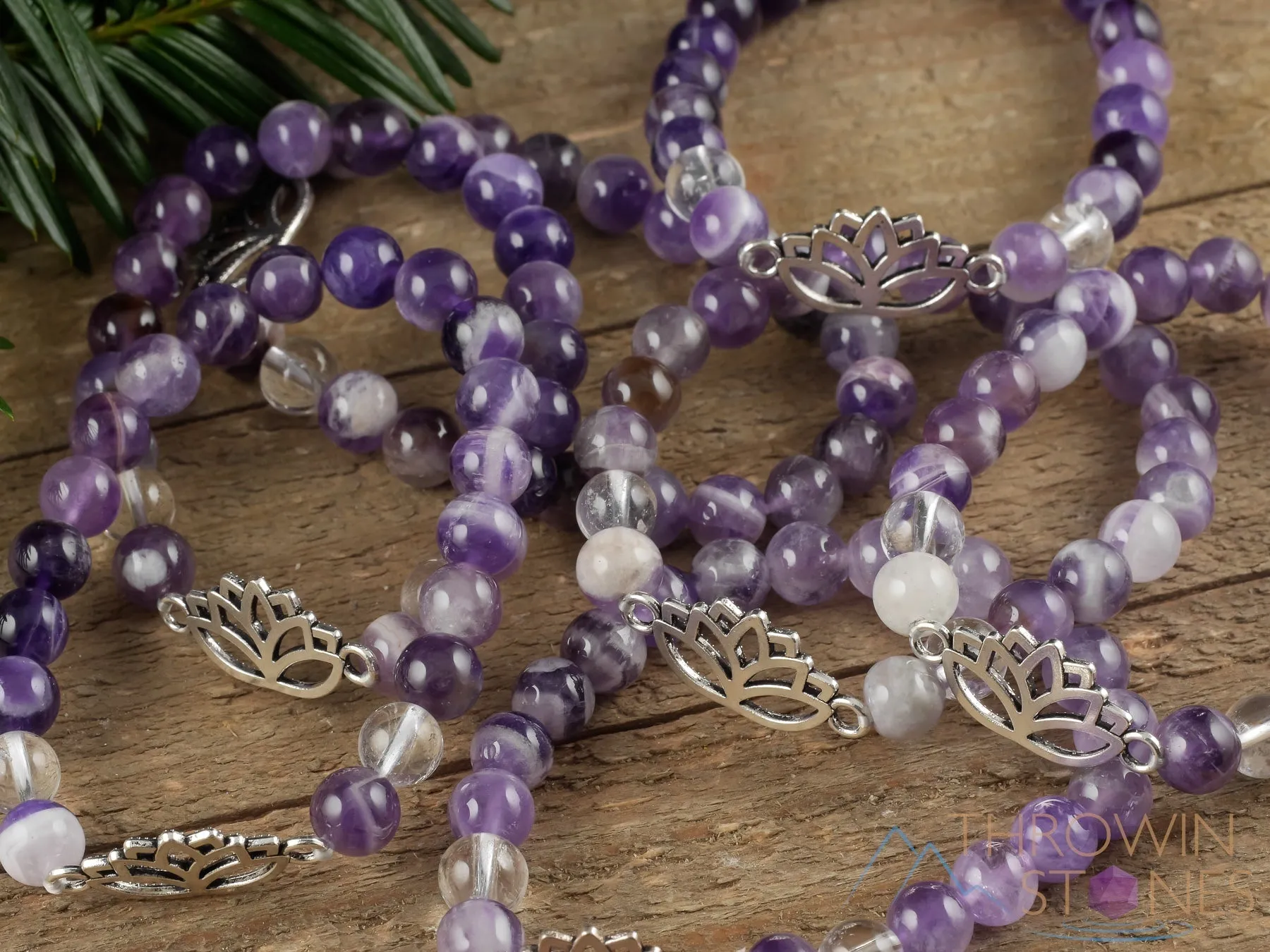 CHEVRON AMETHYST Crystal Bracelet - Lotus Flower, Clear QUARTZ, Round Beads - Charm Bracelet, Beaded Bracelet, Handmade Jewelry, E1437