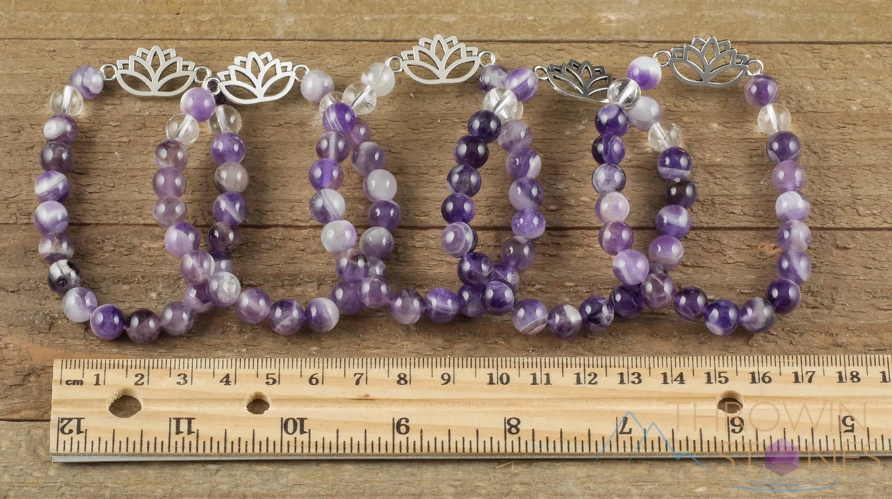 CHEVRON AMETHYST Crystal Bracelet - Lotus Flower, Clear QUARTZ, Round Beads - Charm Bracelet, Beaded Bracelet, Handmade Jewelry, E1437