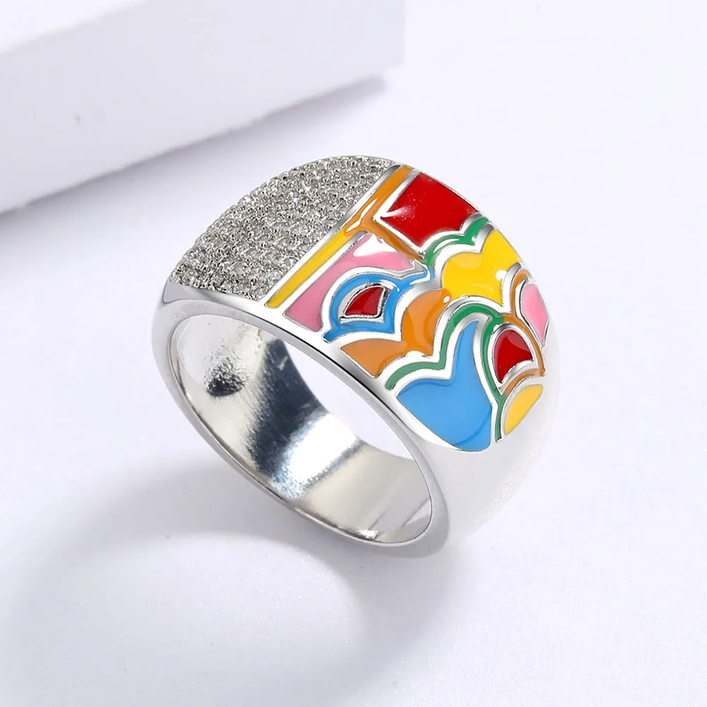 Chinese Style Moire Enamel Rings for Women with Zircon in 925 Sterling Silver