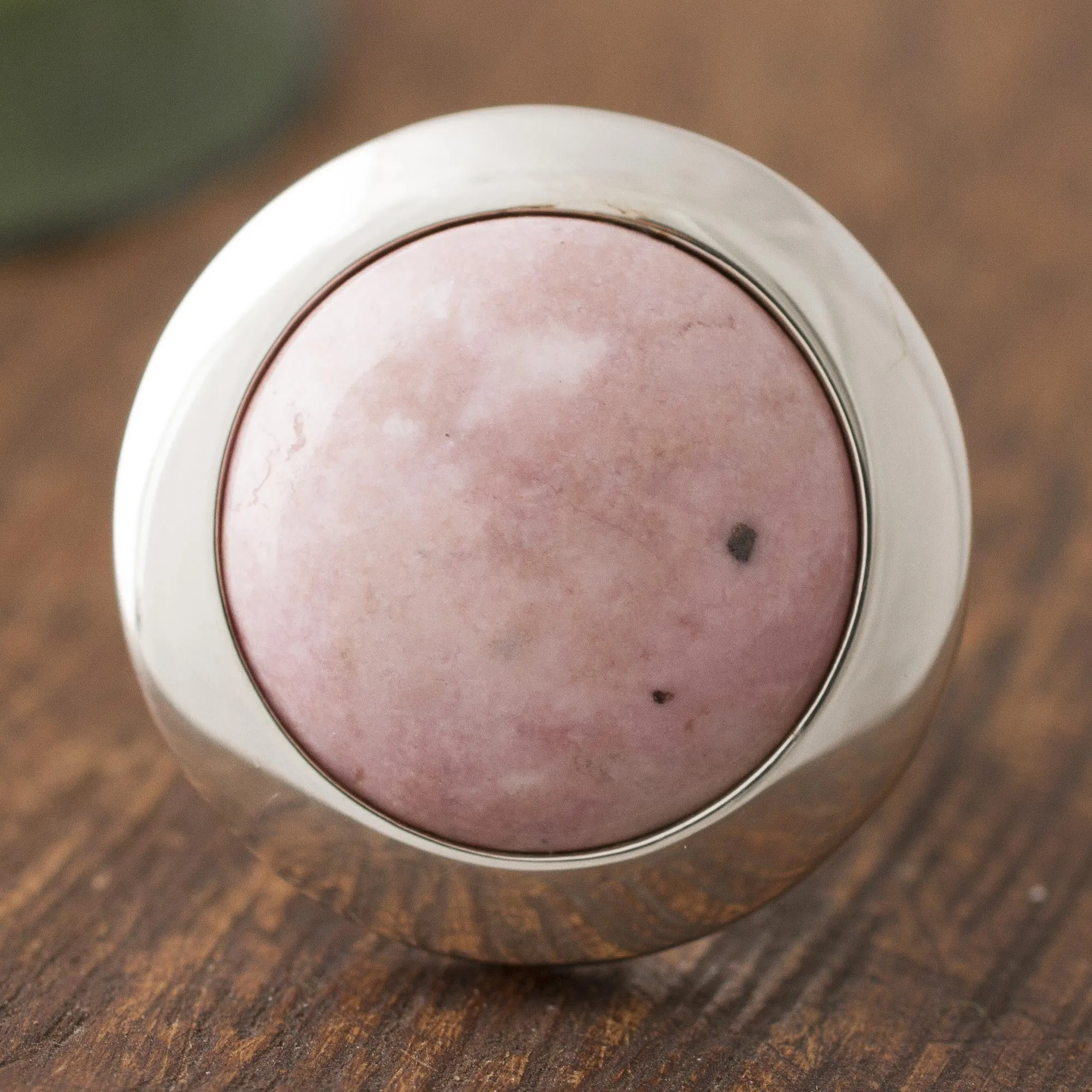 Circular Natural Rhodonite Cocktail Ring Crafted in Peru - Soft Energy | NOVICA