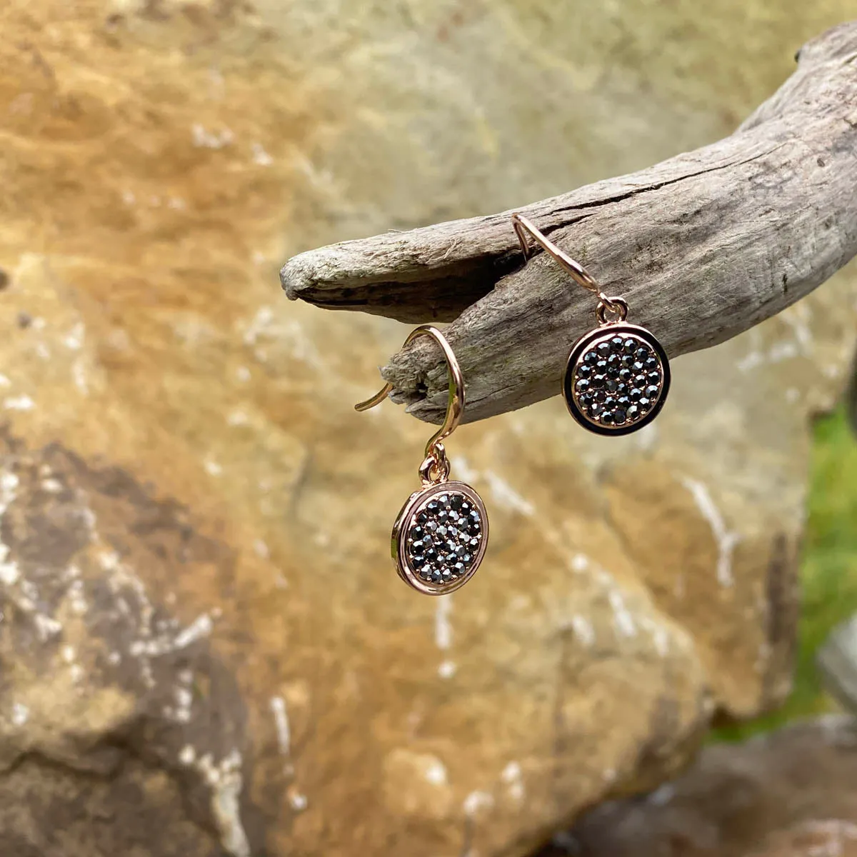 Clara Black Crystals Rose Gold Drop Earrings