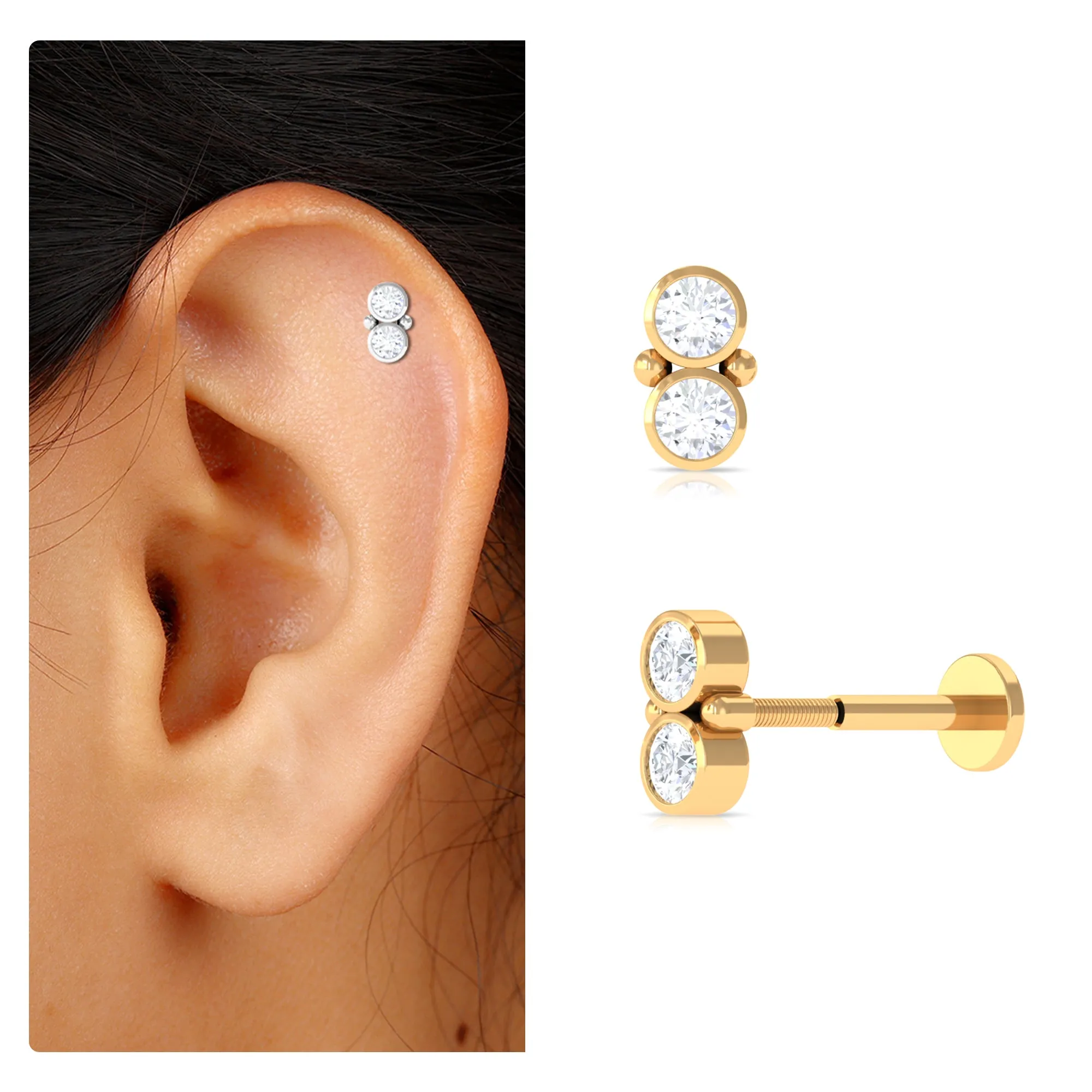 Dainty Moissanite 2 Stone Earring for Tragus Piercing