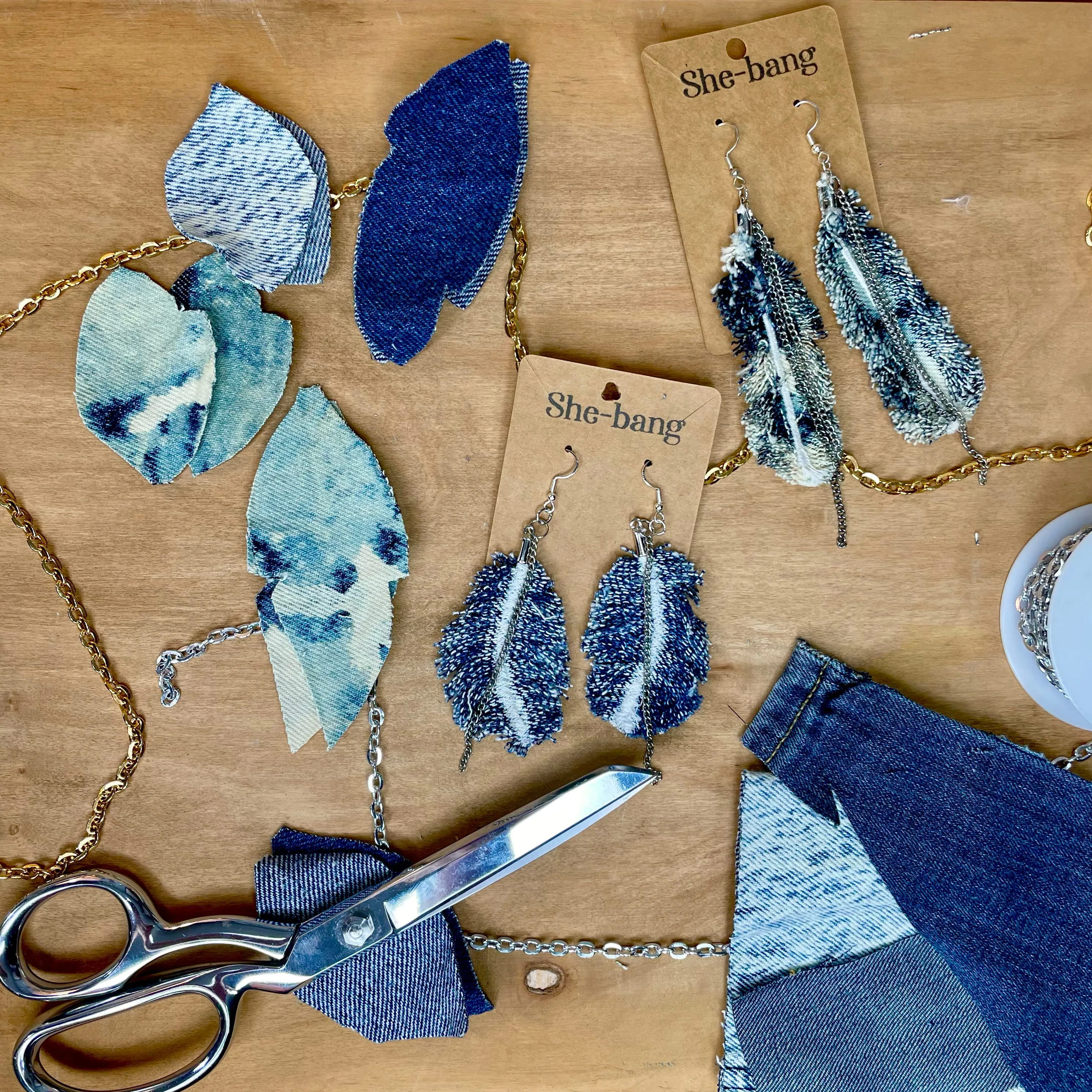 Denim Feather Earrings, Indigo stonewash