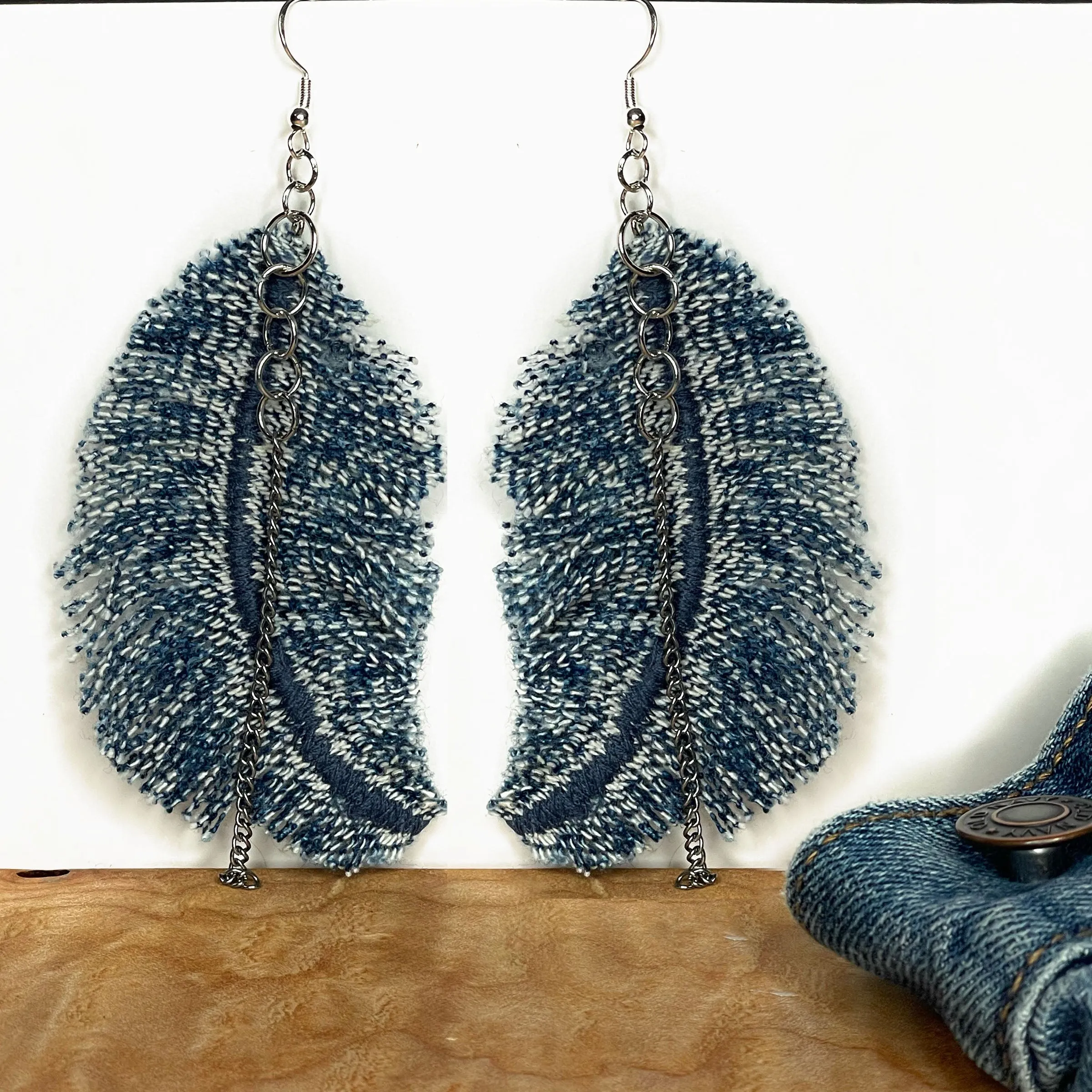 Denim Feather Earrings, Indigo stonewash