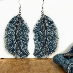 Denim Feather Earrings, Indigo stonewash