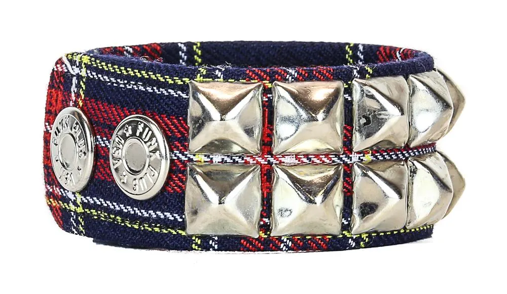 Double Row Studded Bracelet Plaid Fabric