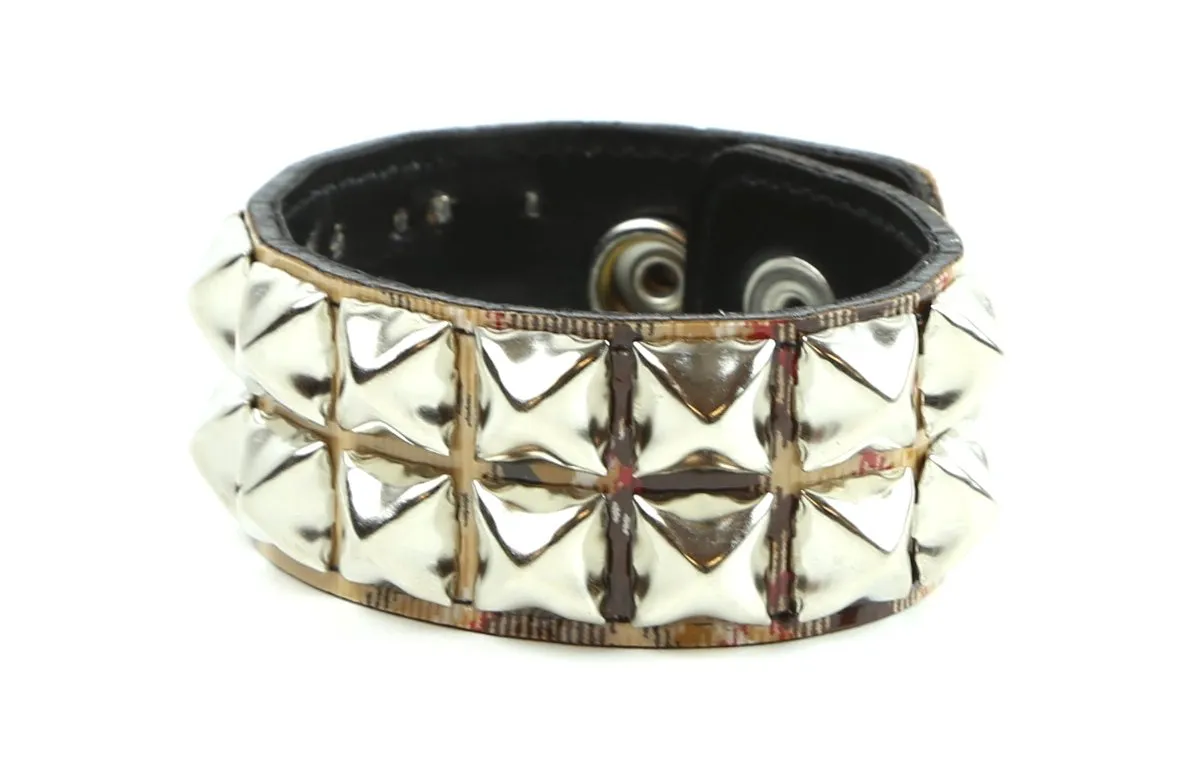 Double Row Studded Bracelet Plaid Fabric