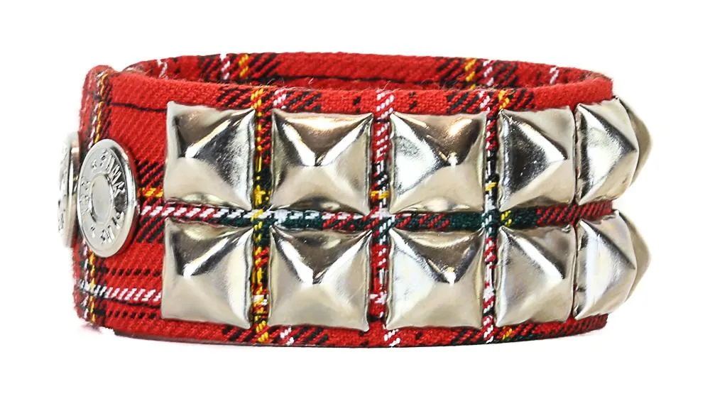 Double Row Studded Bracelet Plaid Fabric