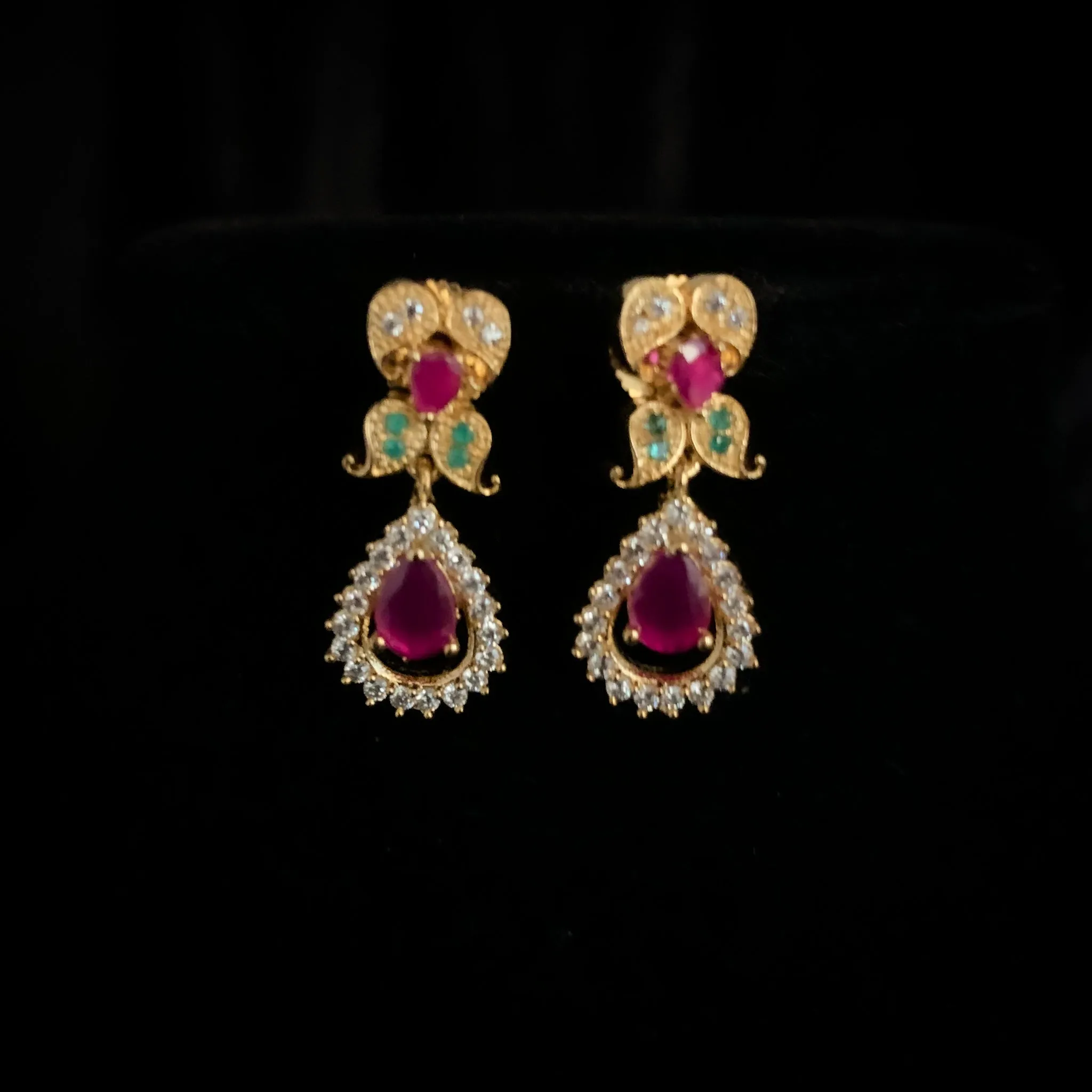 Elegant White, Red, Green Zircon (CZ) stone Necklace Set with Mango Design
