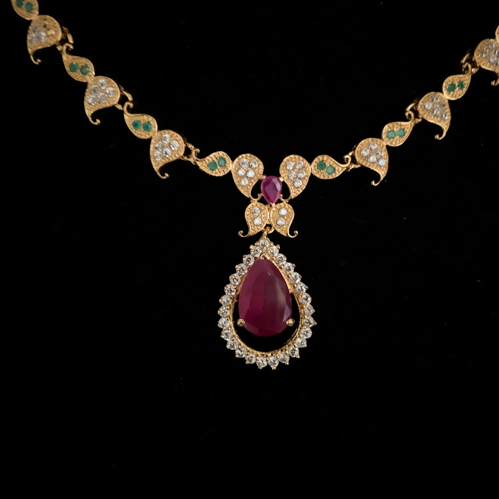 Elegant White, Red, Green Zircon (CZ) stone Necklace Set with Mango Design