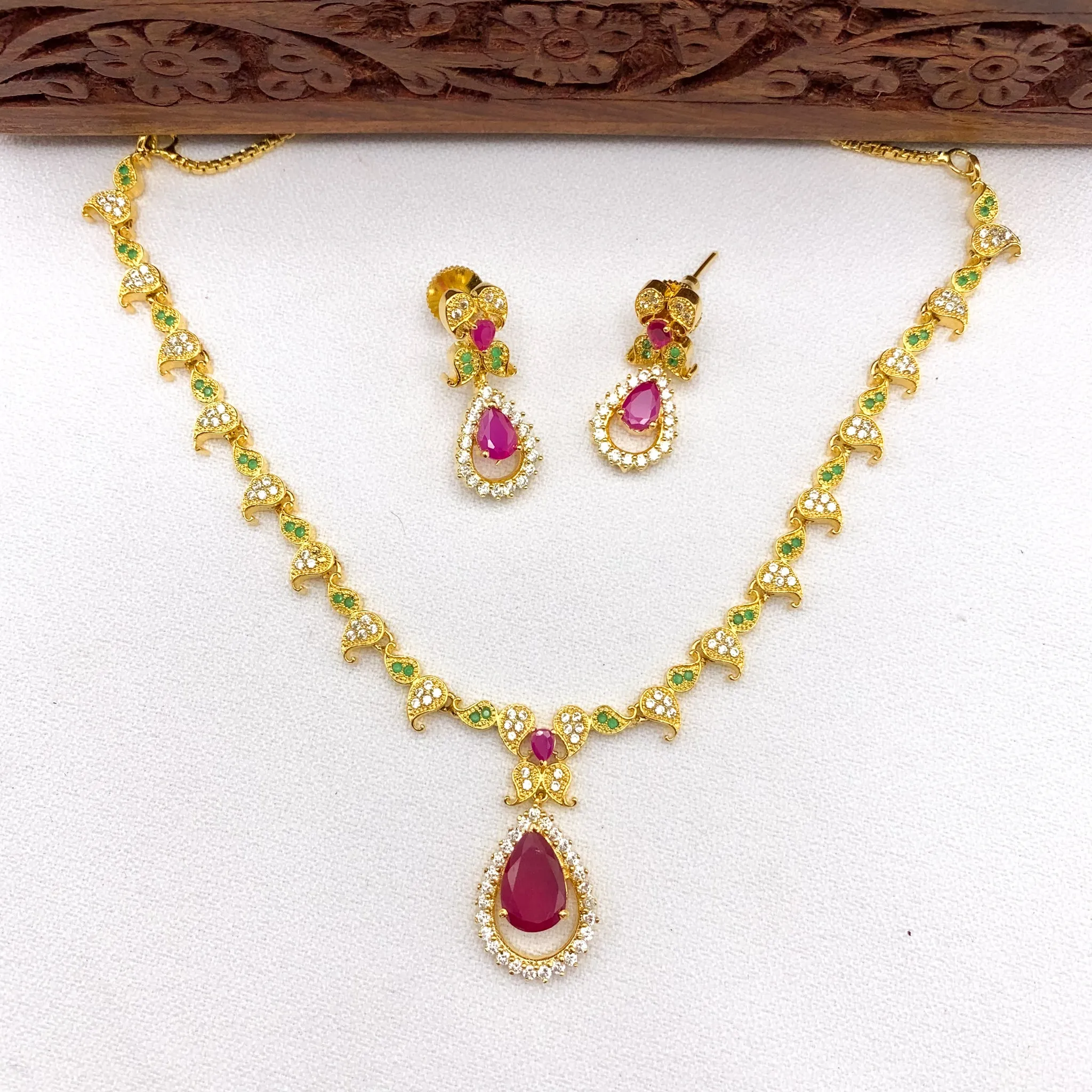 Elegant White, Red, Green Zircon (CZ) stone Necklace Set with Mango Design