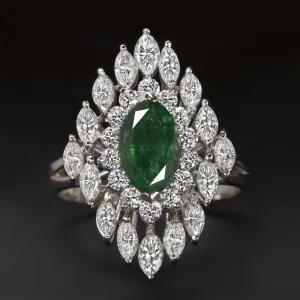 EMERALD DIAMOND PLATINUM COCKTAIL RING 3.60ct MARQUISE SHAPE HALO BIG NATURAL