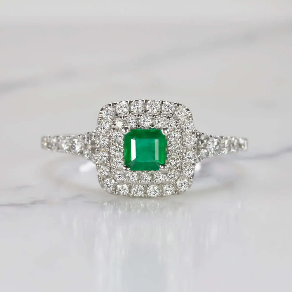 EMERALD EXCELLENT CUT F-G VS DIAMOND COCKTAIL RING DOUBLE HALO 14k WHITE GOLD