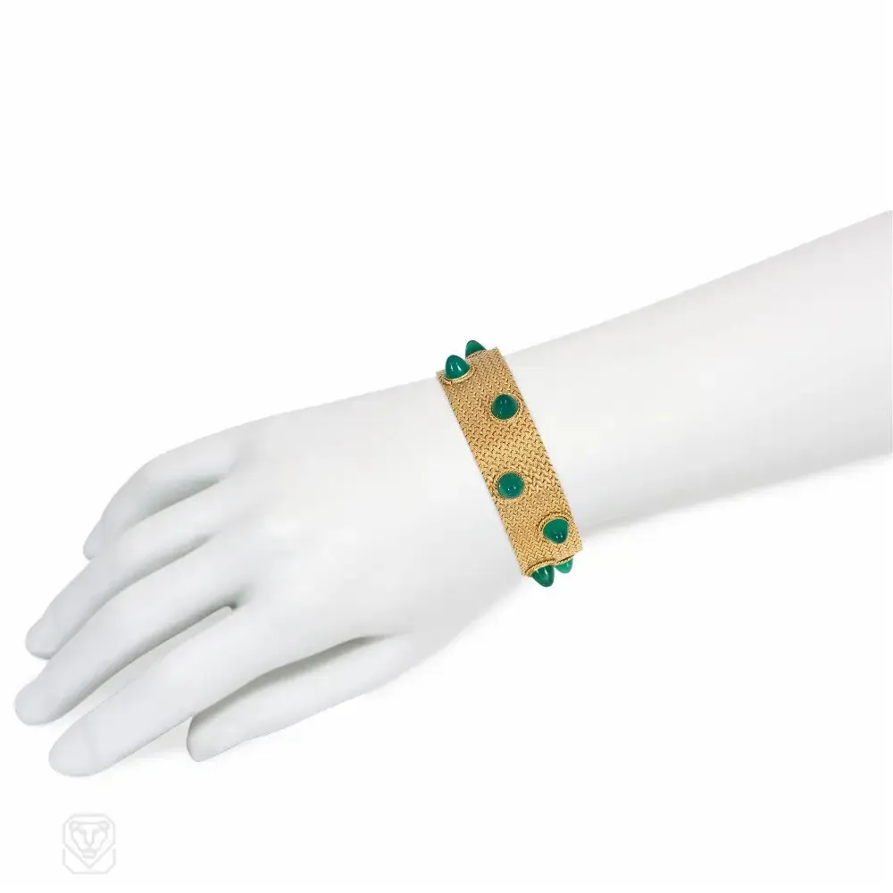 Estate woven gold and chrysoprase stud bracelet