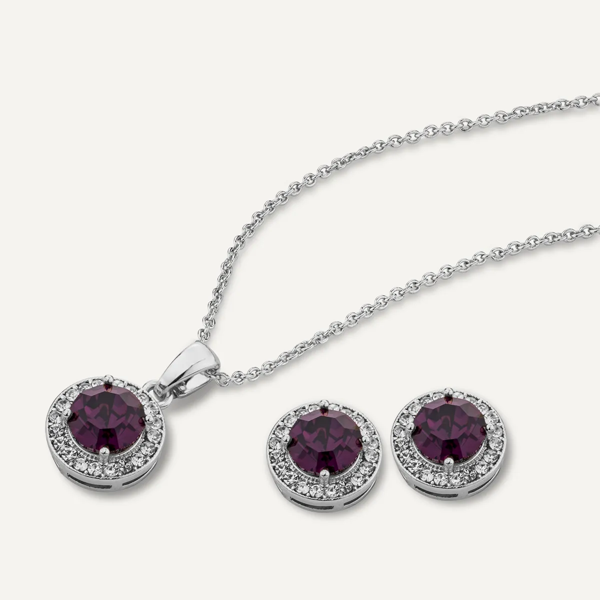 February Amethyst-Colour Birthstone Necklace & Earring Set In Silver-Tone