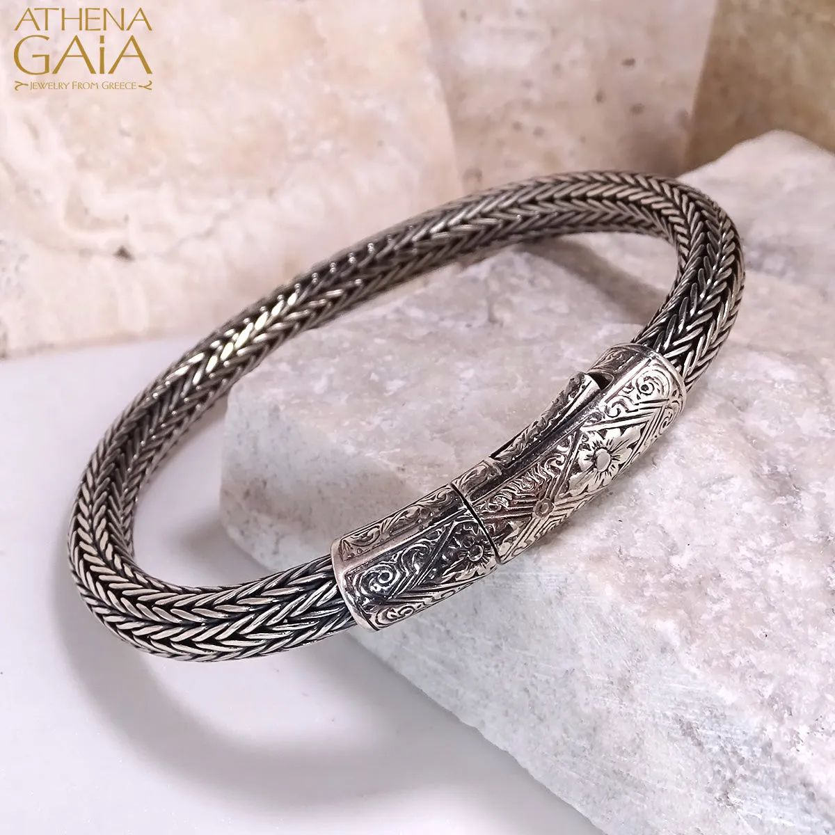Floral Clasp Silver Strap Bracelet