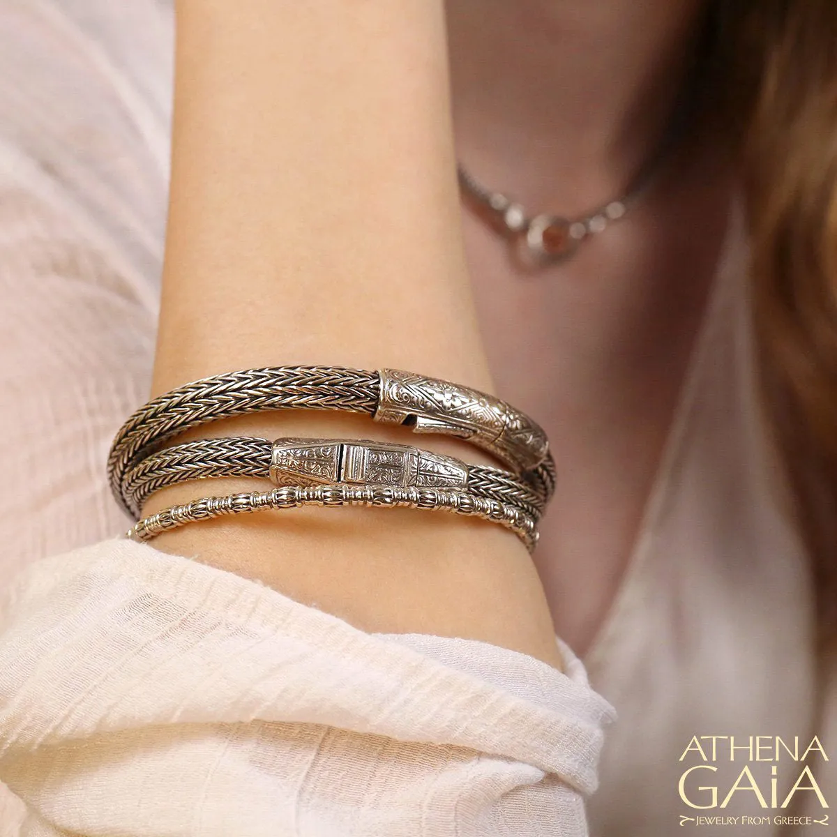Floral Clasp Silver Strap Bracelet