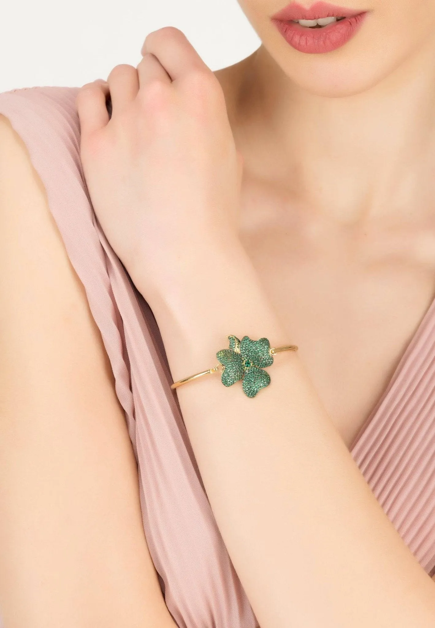 Flower Large Statement Cuff Bracelet Gold Emerald Green