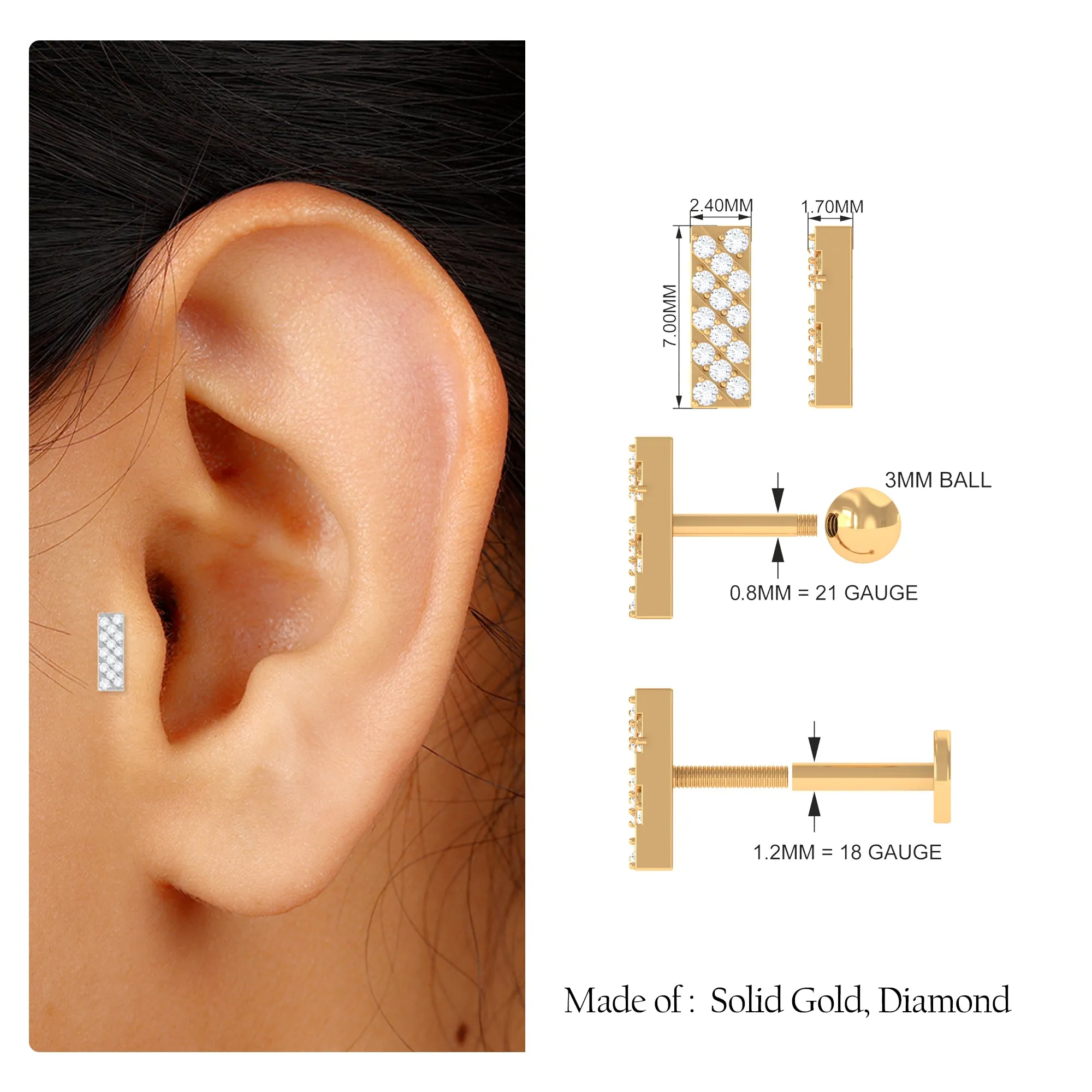 Genuine Diamond Gold Bar Earring for Tragus Piercing